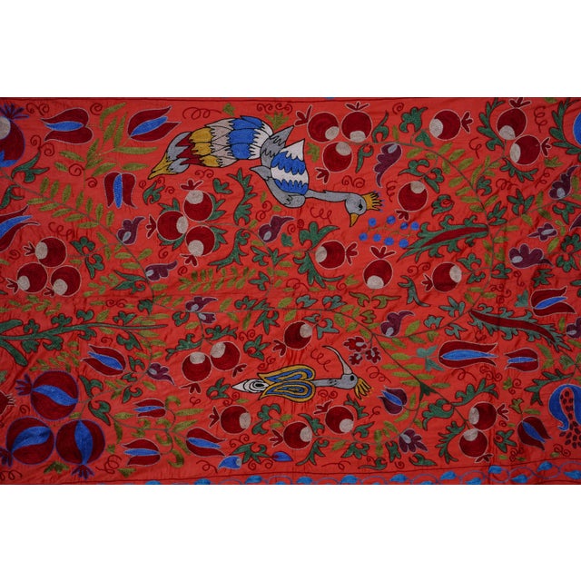 Brick Red Red & Blue Uzbek Suzani Wall Hanging – Pomegranate Tree and Bird Embroidered Textile 3'4'' X 6'1'' For Sale - Image 8 of 12