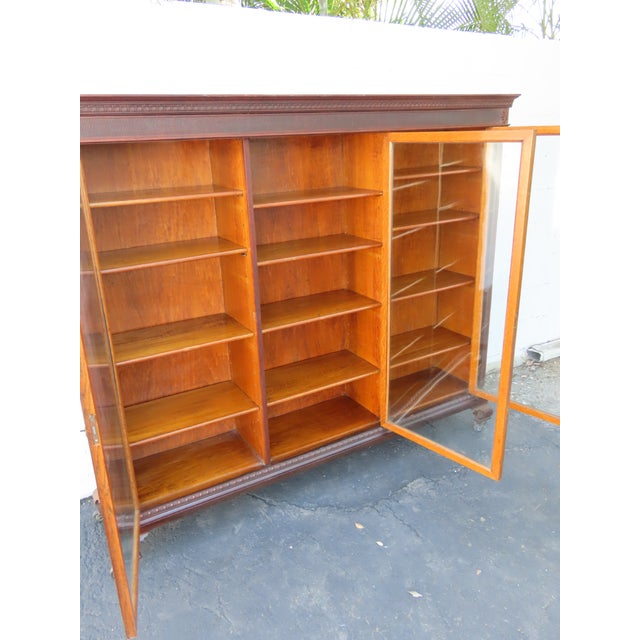 Brown Early 1900s Tiger Oak Long Large China Cabinet Bookcase Cupboard 6583 For Sale - Image 8 of 18