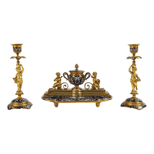 19th Century Napoleon III Inkwell and Two Candleholders, Set of 3 For Sale