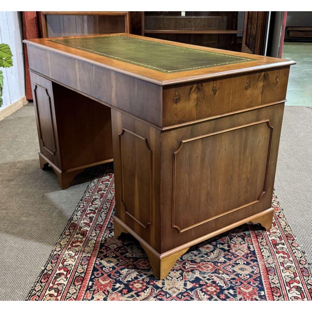 Vintage English Flat Desk with Drawers in Yew Wood with Leather Top, 1970s For Sale - Image 14 of 15