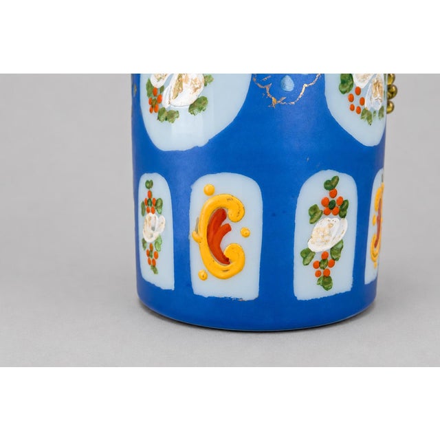 Blue Late 19th-Century Cobalt Blue Opaline Glass Perfume Bottle With Hand-Enameled Florals For Sale - Image 8 of 9