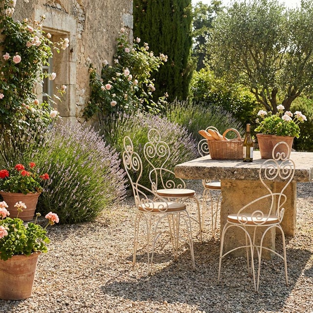 Antique white garden chairs (c.1920). Approximate age: 150 years Material: Iron and wood Origin: France Our set of antique...