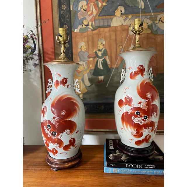 Red Late 20th Century Pair of Vintage Red Foo Dog Chinoiserie Table Lamps For Sale - Image 8 of 10