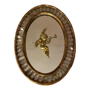 Antique 18th Century George III Anglo Irish Oval Gilt Wood Mirror With Faceted Rock Crystal Border and Cupid Mount