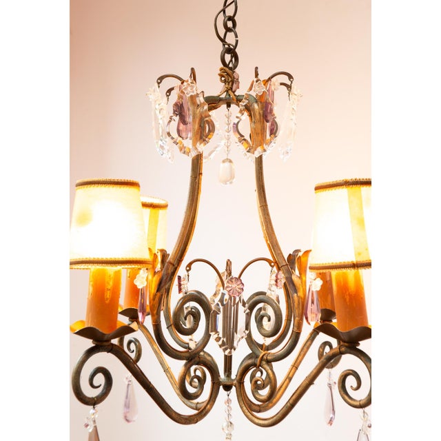Antique French Chandelier in Iron, Green and Gold Crystals, 1900 For Sale - Image 9 of 10