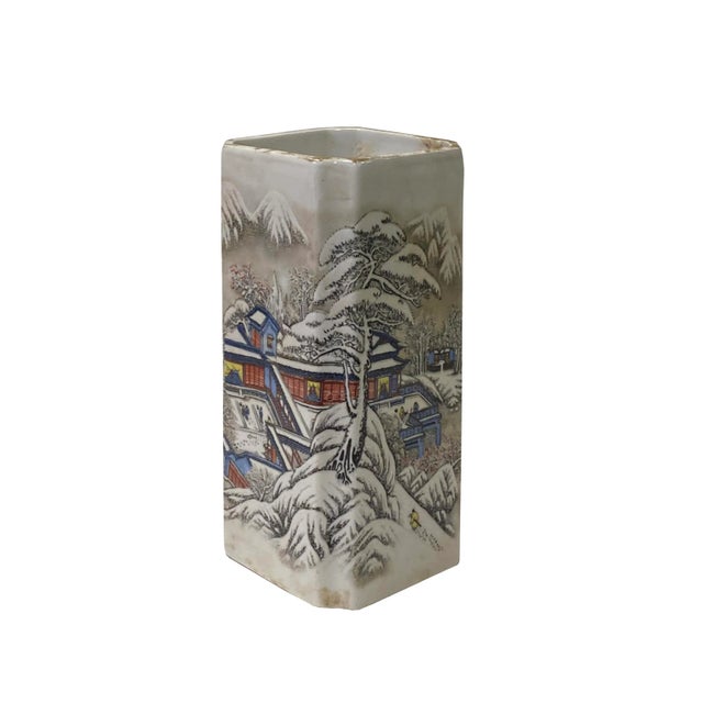Chinese Off White Porcelain Snow Scenery Square Shape Vase For Sale - Image 4 of 5