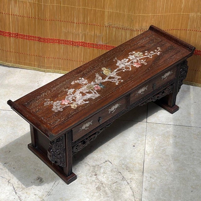 Vintage Chinese Hardwood Mother-of-Pearl Inlaid "Magpie & Plum" Altar Table (Tea Stand) For Sale - Image 9 of 9