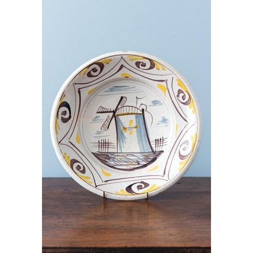 18th Century Dutch Delft Yellow & Manganese Windmill Dish For Sale - Image 9 of 9
