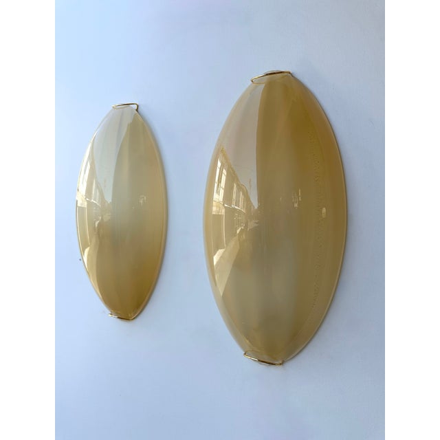 2000 - 2009 Contemporary Pair of Yellow Gold Leaf Murano Glass and Brass Sconces, Italy For Sale - Image 5 of 11
