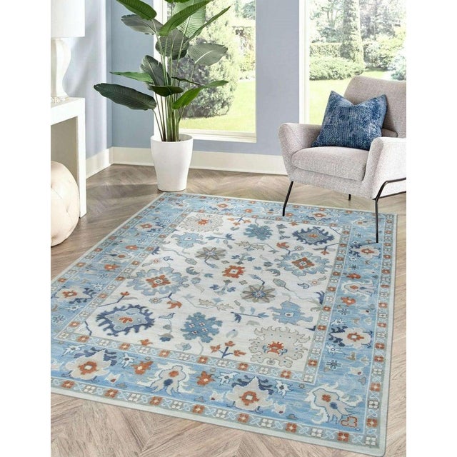 Textile 8x10 Ivory Hand-Knotted Wool Sky Blue Border Classic Traditional Carpet Rug For Sale - Image 7 of 7