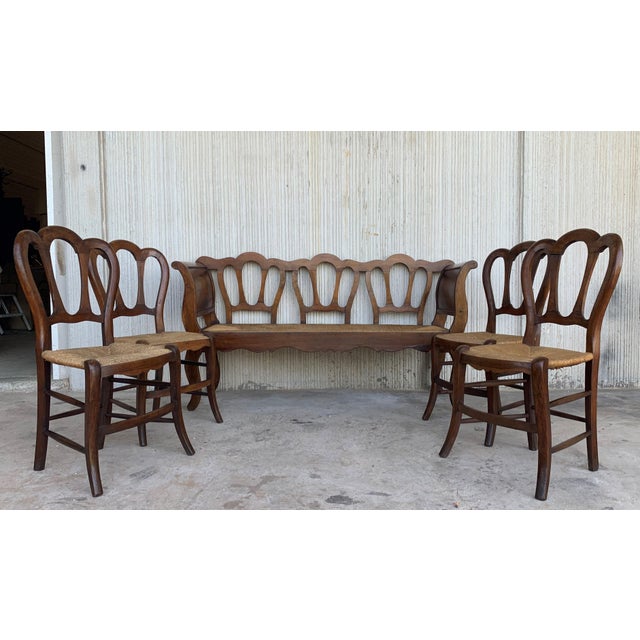 Late 19th Century Set of One Bench and Four Victorian Chairs, Wood and Rattan For Sale - Image 17 of 18