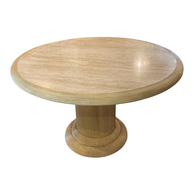 Round Travertine and Rattan Dining Table, Italy, 1970's For Sale