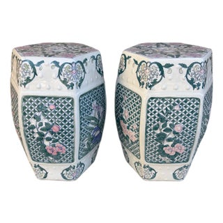 Chinoiserie Floral Green and Pink Porcelain Garden Stools or Side Tables, Pair For Sale