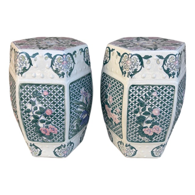 Chinoiserie Floral Green and Pink Porcelain Garden Stools or Side Tables, Pair For Sale