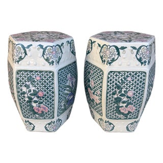 Late 20th Century Chinoiserie Floral Green and Pink Porcelain Garden Stools or Side Tables, Pair For Sale