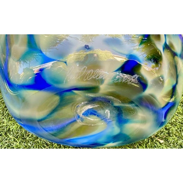 Large Blue Swirl Ruffled Handkerchief Art Glass Vase | Studio Glass Fazzoletto 15"h Artist Signed For Sale - Image 18 of 18