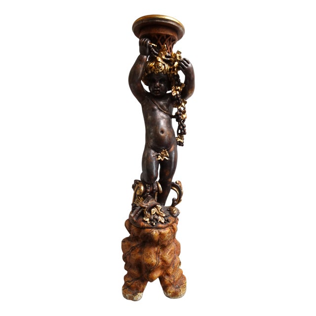 Italian Gilded and Carved Wooden Cherub Pedestal Plant Stand, 1970s For Sale