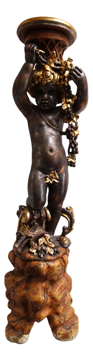 Italian Gilded and Carved Wooden Cherub Pedestal Plant Stand, 1970s