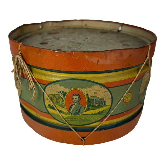 Rare Vintage J. Chein & Co. Patriotic Tin Lithograph Toy Drum | Abraham Lincoln Americana Folk Art Decor For Sale