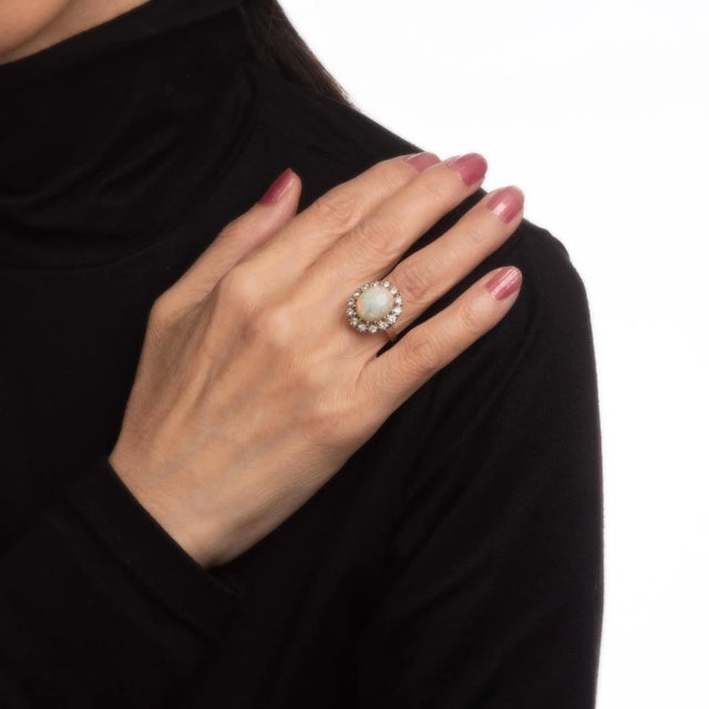 Vintage Natural Opal Diamond Ring 14k White Gold Cocktail Oval Estate Jewellery size 4.5 For Sale In Los Angeles - Image 6 of 7