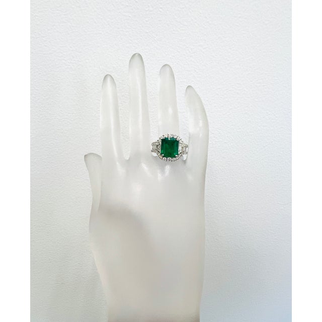 Mid-Century Modern Mid 20th Century 4 Carat Colombian Emerald Octagon & Multi Shape Diamond Ring in 18k White Gold, Size 6.5 For Sale - Image 3 of 9