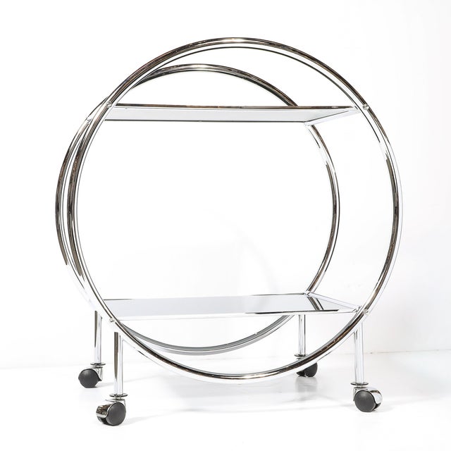 Art Deco Style Round Form Tubular Two-Tier Bar Cart in Chrome and Smoked Mirror For Sale - Image 12 of 13
