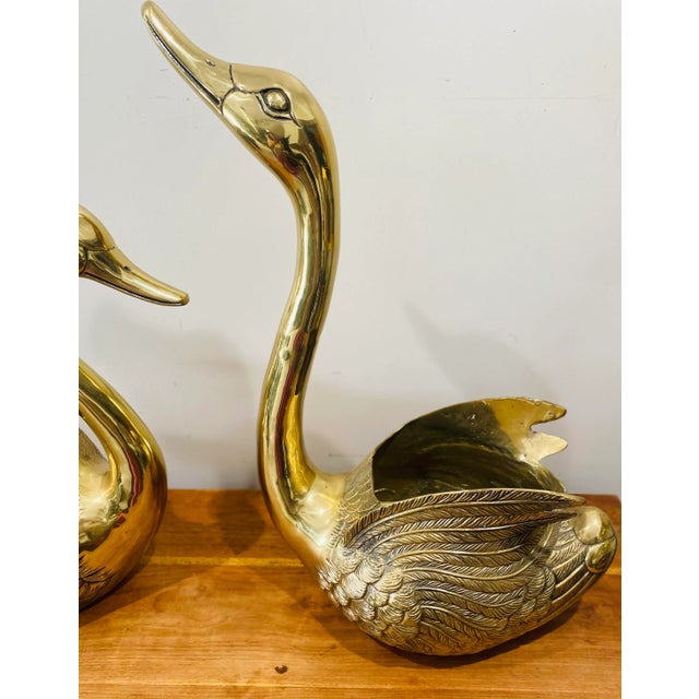 Metal Monumental Sculptural Brass Swans Planters Restored - A Pair For Sale - Image 7 of 11