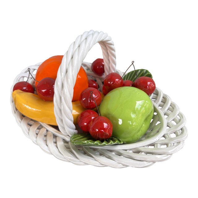 Vintage Italian Bassano Ceramic Fruit Basket Centerpiece – Hand Painted Majolica Italian Kitchen Decor For Sale