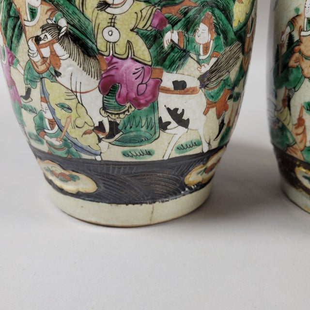 Pair Chinese Nanking Crackle Glaze Famille Verte Warrior Vases With Dragons, Late Qing C. 1880 For Sale - Image 10 of 10