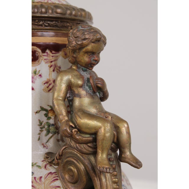 Pair Castilian Porcelain & Bronze French Style Lidded Urns For Sale - Image 12 of 18
