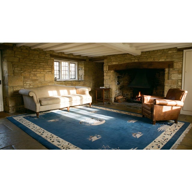 Textile 1890s Blue Medallion Scene Pictorial Antique Chinese Peking Rug 11'4" X 17'2" Handknotted Wool Carpet For Sale - Image 7 of 9
