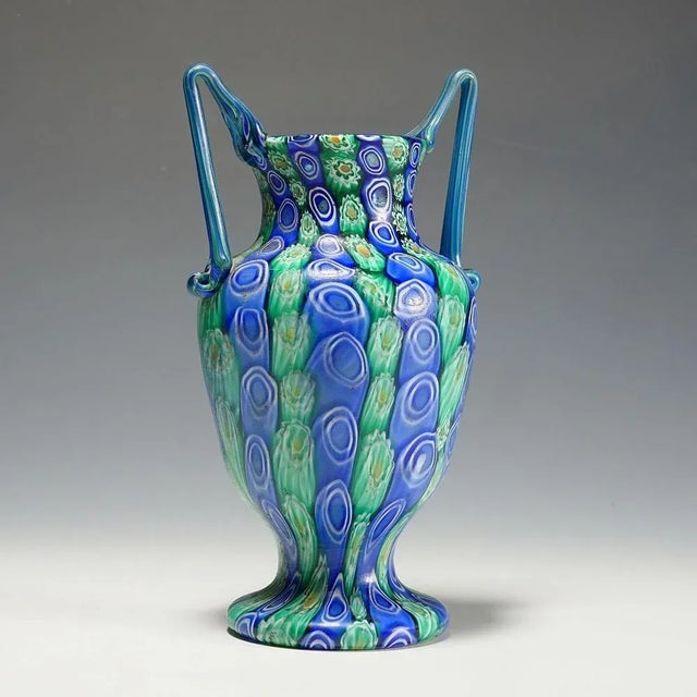 Large Antique Millefiori Vase with Handles from Toso Murano Brothers, 1910 For Sale - Image 3 of 11