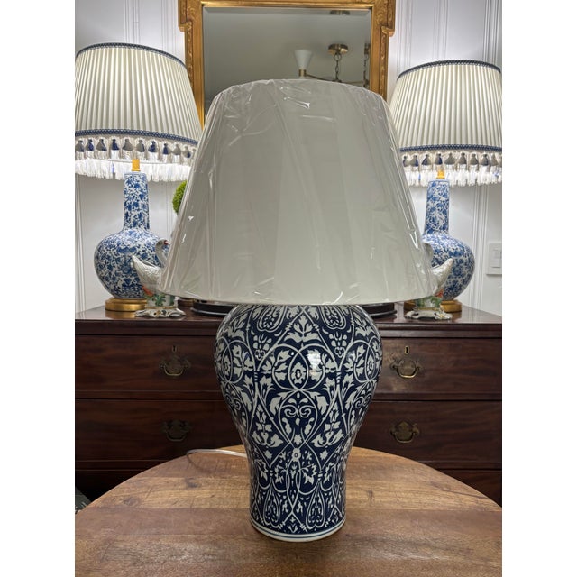 Contemporary Ralph Lauren Blue and White Ikat Oversized Large Temple Jar Lamp For Sale - Image 6 of 6