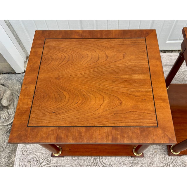 1970s Vtg. Baker Pair of Regency Style Cherry Side Tables W/Inlay & Brass Trim For Sale - Image 5 of 16