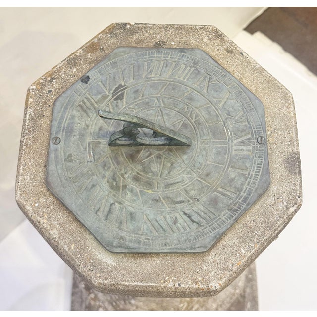 Light Gray Large English Sundial of Composition Stone With Bronze Dial for the Garden For Sale - Image 8 of 13