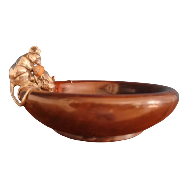 Large Nut Bowl in Precious Wood with 2 Mice from Schleißner Hanau Silber For Sale