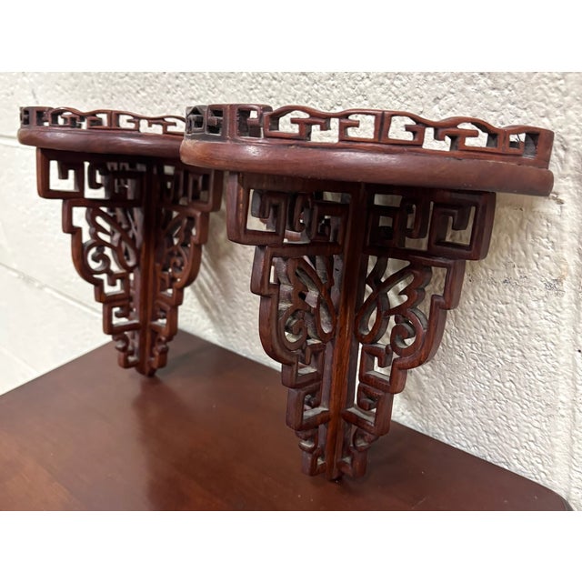 Wood Vintage Chinese Chippendale Pierced Fretwork Wall Brackets - Pair For Sale - Image 7 of 9