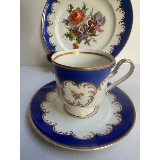 Vintage 1950's Kunst Hummendorf Kronack Bavaria Germany Porcelain Tea Set Trio Cobalt Blue Gold Tea Cup Saucer Dessert Plate For Sale - Image 10 of 18