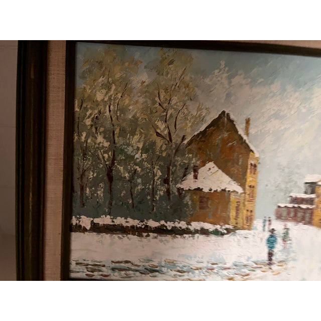 Textile Vintage Oil Painting 1976Winter Village Scene Signed Preski Framed Original Art For Sale - Image 7 of 9
