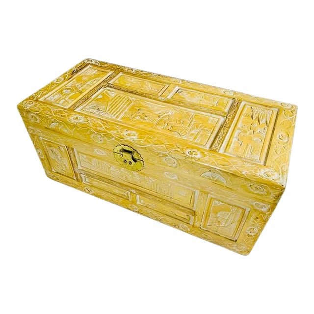 Early 20th Century Yellow Chinese Carved Camphor Wood Chest For Sale
