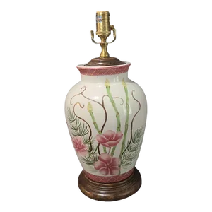 Late 20th Century Vintage Wildwood Hand Painted Floral Pottery Table Lamp Signed Pamela Shirley