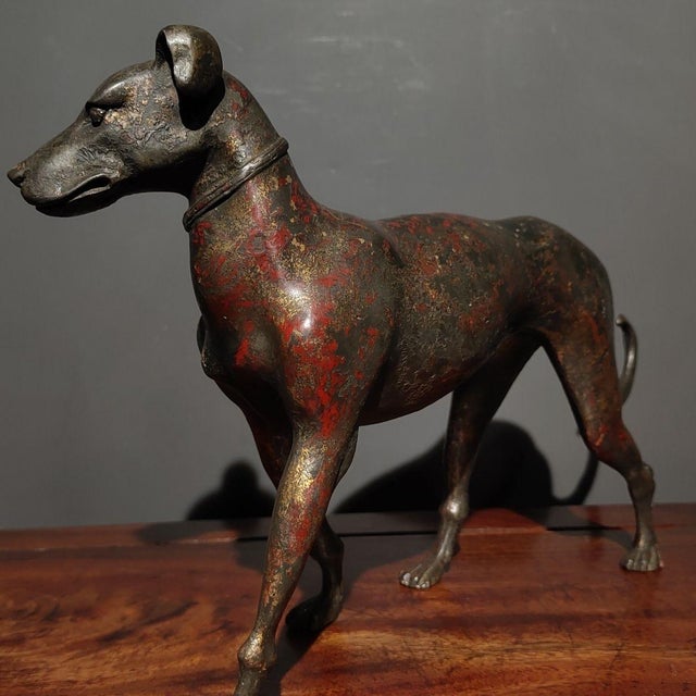 Early 20th Century Gilt Bronze Dog Figure – 7.9" Standing Hound Sculpture With Red Pigment For Sale - Image 9 of 9