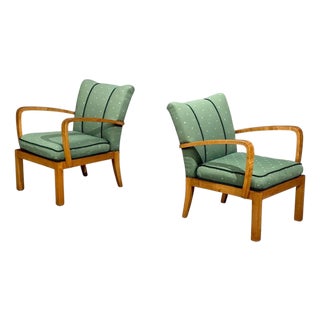 Swedish Modern, Lounge Chairs, Hardwood, Fabric, Sweden, 1940s For Sale