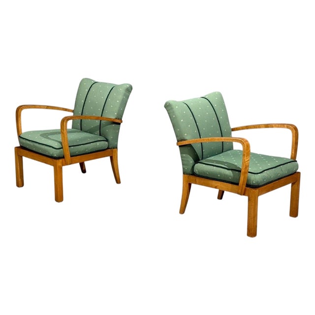Swedish Modern, Lounge Chairs, Hardwood, Fabric, Sweden, 1940s For Sale