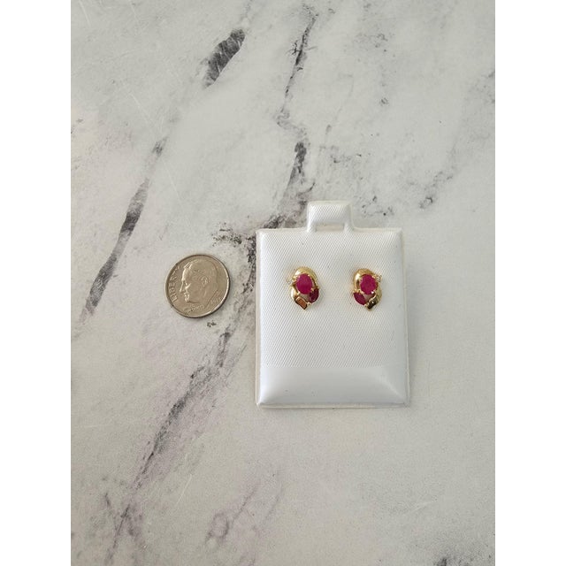 Contemporary Oval Ruby Studs with Diamond Accents 14k Yellow Gold, 2 Pieces For Sale - Image 3 of 3