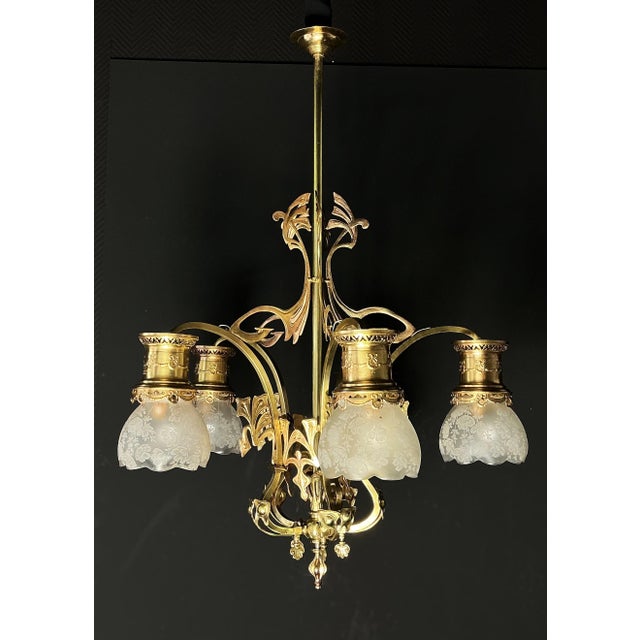 Antique Art Nouveau Chandelier in Brass and Bronze, 1890s For Sale - Image 13 of 13