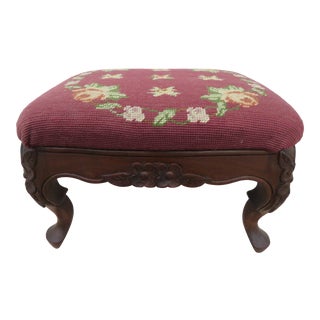 French Carved Needlepoint Tapestry Small Ottoman Footstool Bench For Sale