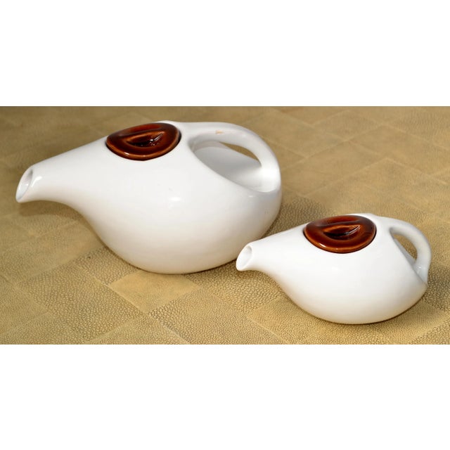 1980s Arts and Crafts White Brown Ceramic Tea Pots- Set of 2 For Sale - Image 4 of 12