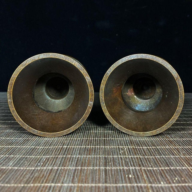 Asian Pair of Vintage Brass Candlesticks - Asian Altar Candle Holders For Sale - Image 3 of 9