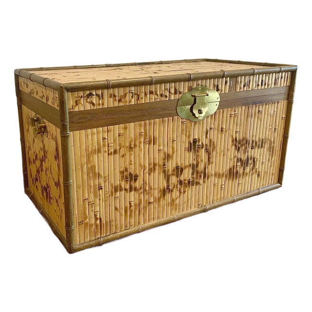 Mid 20th Century Campaign Style Scorched Split Reed Bamboo Trunk, Coffee Table With Brass Handles and Closure in the Manner of Ralph Lauren For Sale